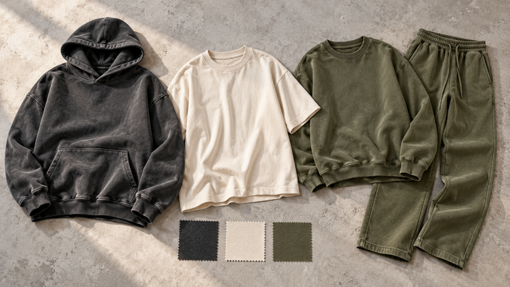 Charcoal oversized hoodie, cream T-shirt and olive matching sweatshirt and trousers with fabric swatches.
