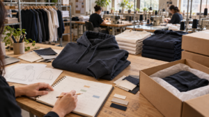 Hoodie sample beside a production planner, fabric swatches, folded garments, and shipping cartons in an apparel workshop.