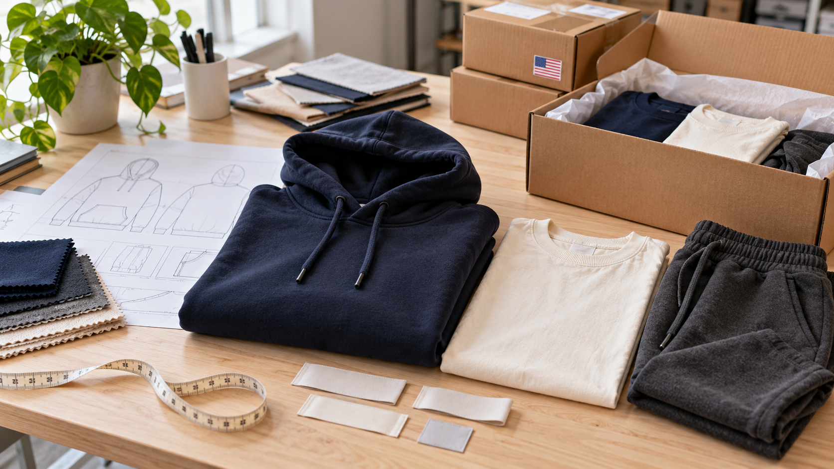 Navy hoodie, cream T-shirt and charcoal joggers beside technical sketches, fabric swatches and shipping boxes.