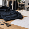 Navy hoodie and cream T-shirt samples beside garment sketches, fabric swatches and measuring tools.