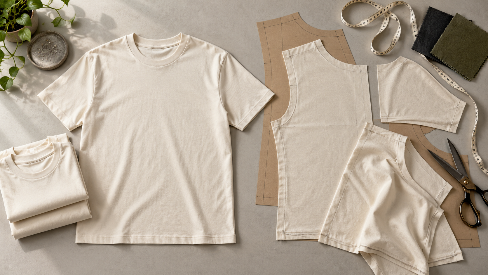 Plain cream T-shirt beside fabric panels, paper patterns, scissors and measuring tape.