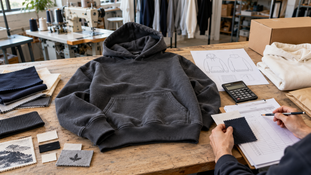 Charcoal hoodie beside fabric swatches, branding samples, a calculator and quotation worksheet in an apparel workshop.