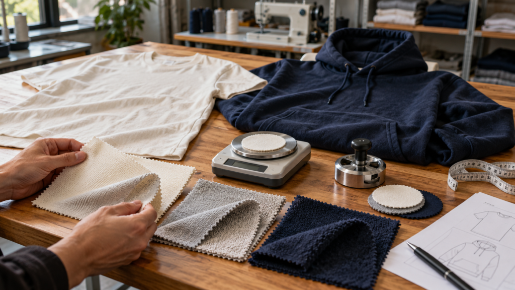 Ivory T-shirt and navy hoodie beside fabric swatches, a precision scale, and a fabric sample cutter.