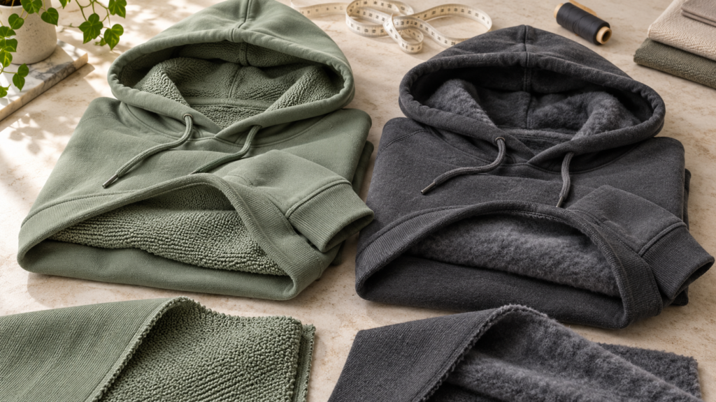 Sage green and charcoal hoodies with exposed loopback and brushed interiors beside matching fabric swatches.