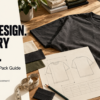 Charcoal T-shirt beside technical drawings and fabric swatches, with the headline “Your Design. Factory Ready.”