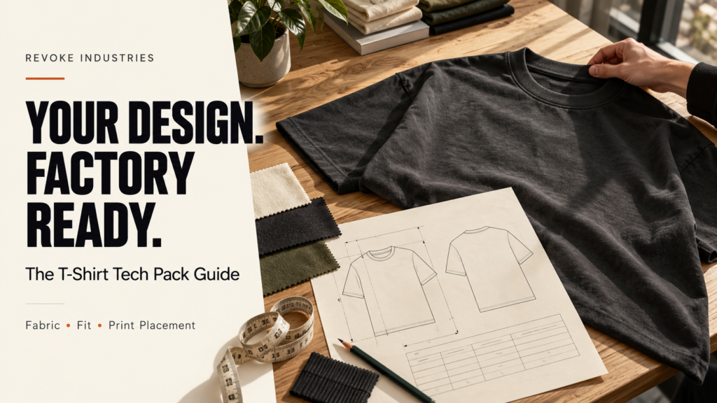 Charcoal T-shirt beside technical drawings and fabric swatches, with the headline “Your Design. Factory Ready.”