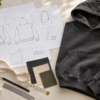 Charcoal hoodie beside tech pack sketches, fabric swatches, a measuring tape and ruler.