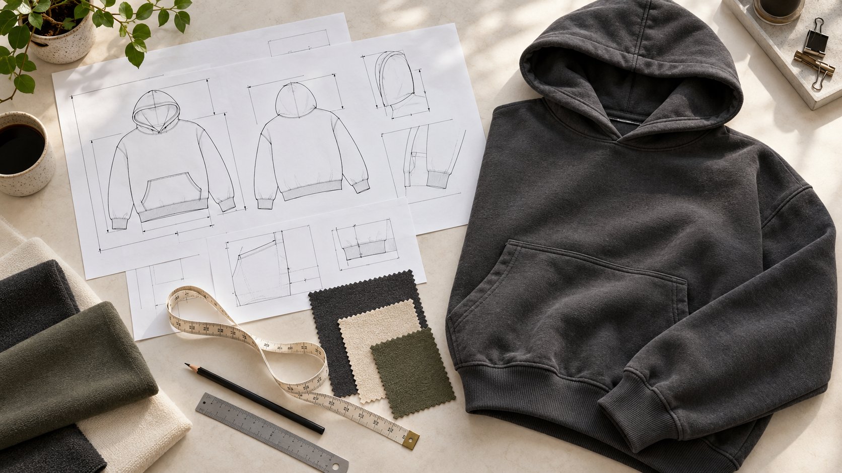 Charcoal hoodie beside tech pack sketches, fabric swatches, a measuring tape and ruler.