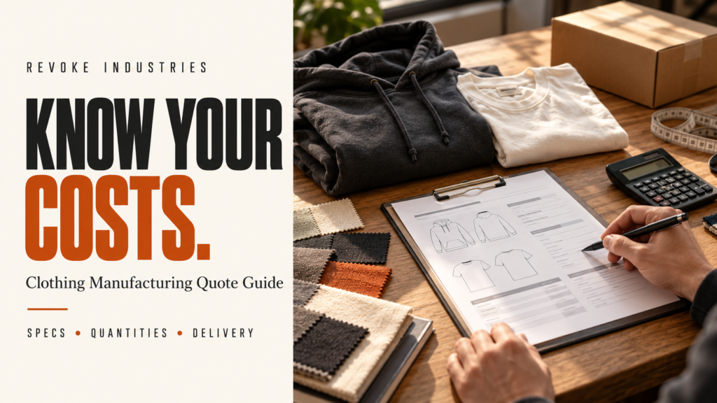 Clothing samples, fabric swatches, calculator, and quotation worksheet beside the headline “Know Your Costs.”