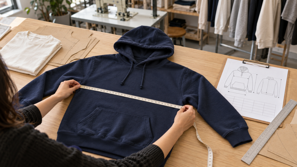 Navy hoodie being measured across the chest beside a garment measurement worksheet and pattern pieces.